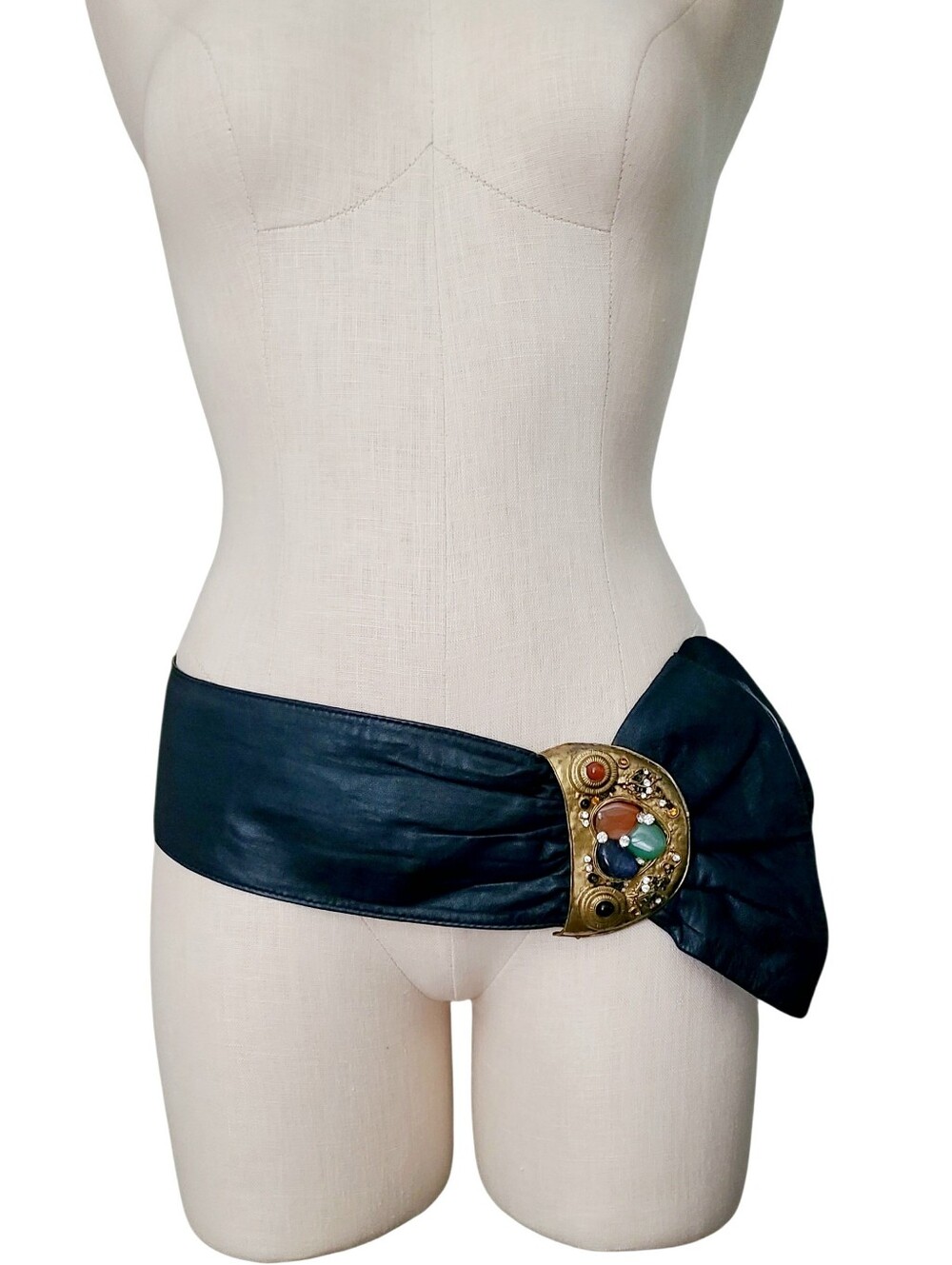 Italian 90s Calfskin Belt w/ Buckle Embellished w/ Semi-Precious Gems